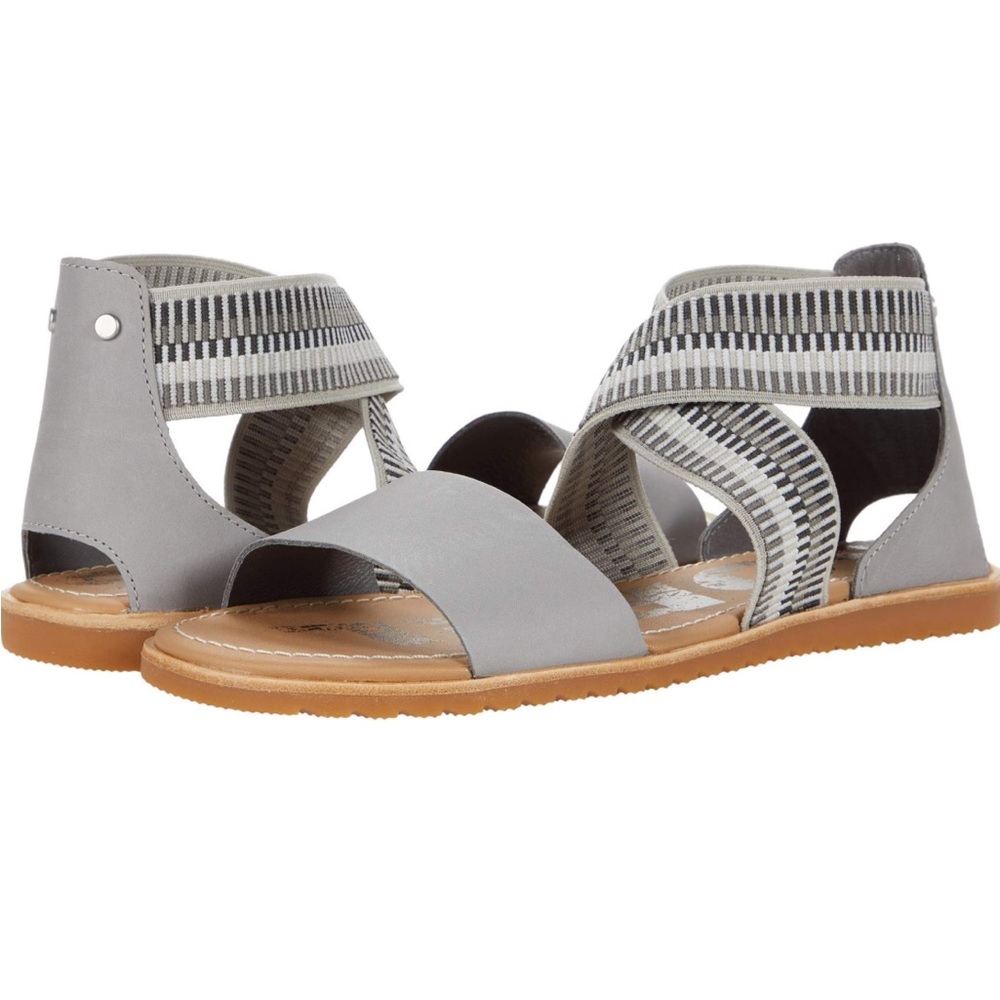 Sorel sandals with elastic ankle wrap. Very comfortable.